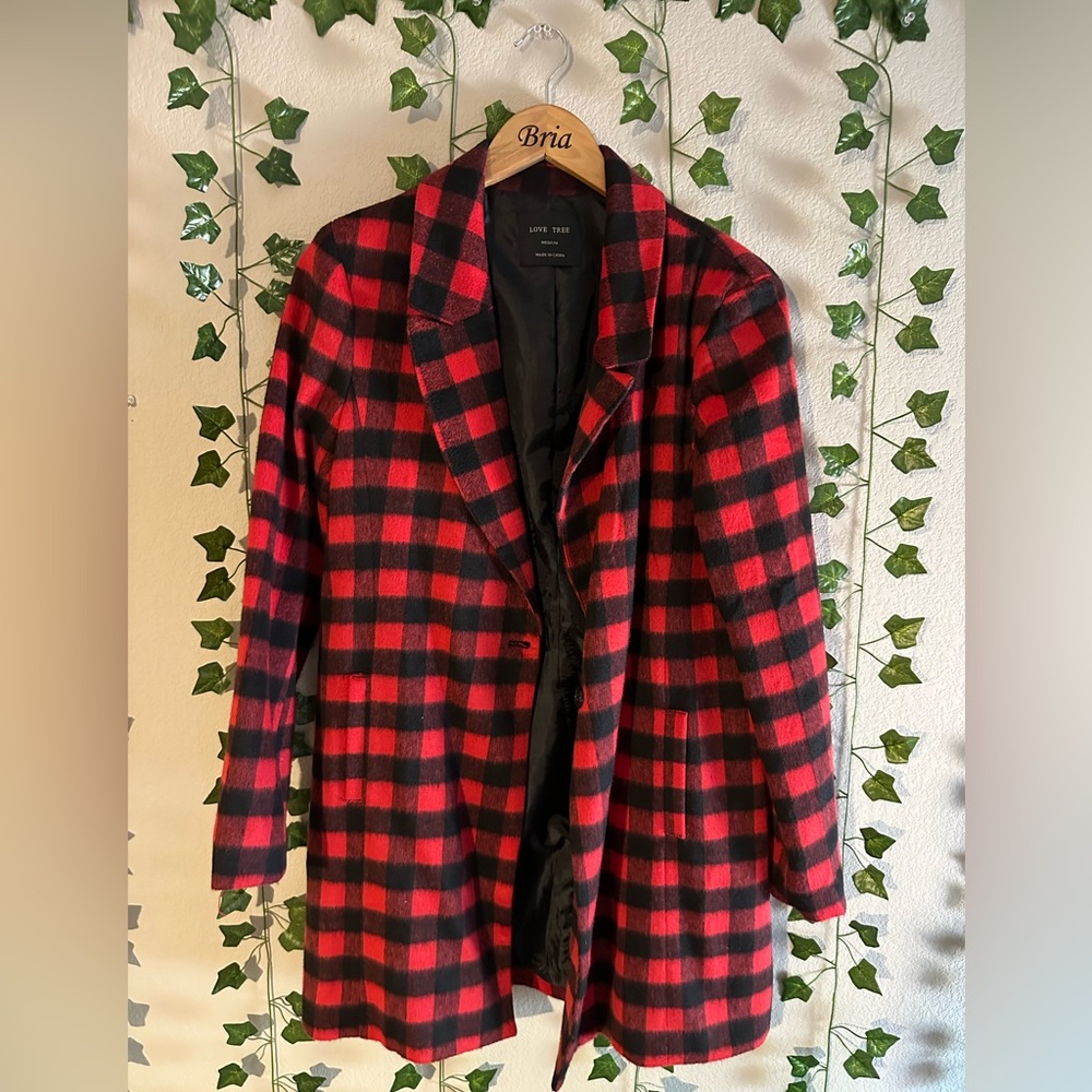Black & red checkered Love Tree peacoat, size Medium